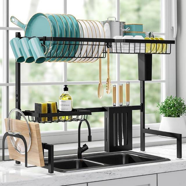 Sakugi Dish Drying Rack - Large Over The Sink Dish Drainer Drying Rack (26.8" to 33.9" W), Large Capacity Stainless Steel Dish Rack, Multifunctional Kitchen Organizers and Storage Rack, Black