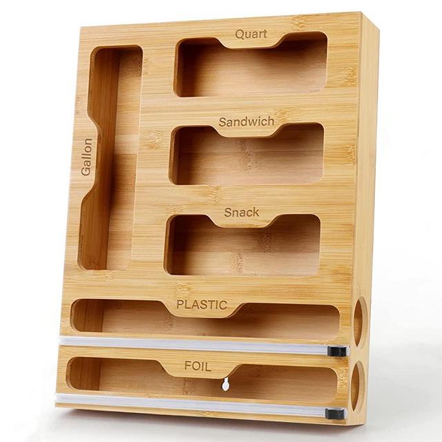 ziplock bag organizer, ziplock bag organizer for drawer, ziploc bag organizer, sandwich bag organizer Bamboo, 6 in 1 Wrap Dispenser With Cutter, Kitchen Storage Ziplock Bag Organizer For Drawer, Compatible With Ziplock Gallon, Quart, Sandwich, Snack, Aluminum Foil etc