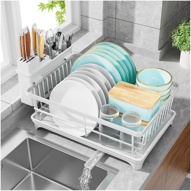 7 code Dish Drying Rack, Space-Saving Dish Racks for Kitchen Counter, Rustproof Dish Drainer Organizer with Utensil Holder, Dish Drying Rack with Drain Board, White