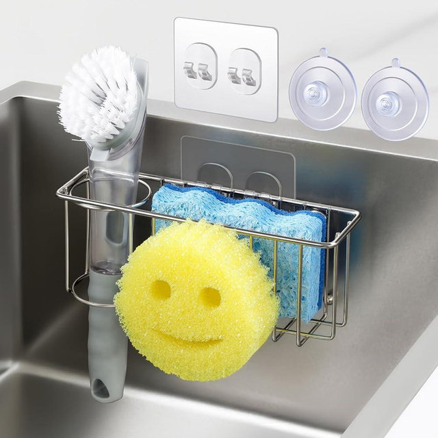 3-in-1 Sponge Holder Smiley Face for Scrub Daddy, Kitchen Sink Organizer with 2 Suction Cups/1 Adhesive Hook, Sponge Caddyfor Sponge, Soap, Dish Brush, Scrubber - Stainless Steel, Silver
