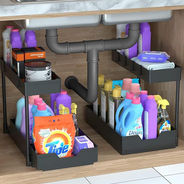 HBlife 2 Pack Under Sink Organizer and Storage, 2 Tier Pull-out Under  Cabinet Organizer with Hooks and Hanging Cup, Multi-Purpose Under Sink  Shelves with Sliding Drawer for Kitchen and Bathroom 