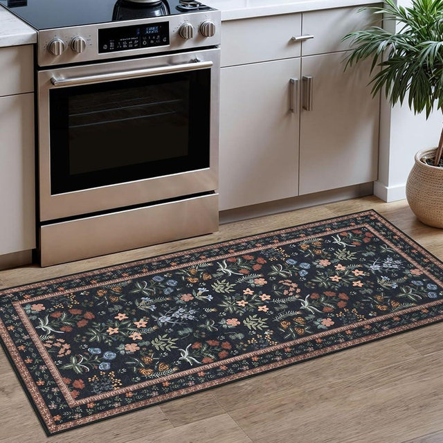 Lansny Boho 2x5 Runner, Black Navy Floral Washable Hallway Runner, Non-Slip Kitchen Runner, Super Thin Printed Faux Wool Soft Carpet for Entryway, Front Door, Backdoor, Bedside