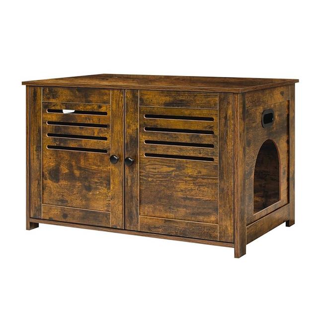 DINZI LVJ Litter Box Enclosure, Cat Litter House with Louvered Doors, Entrance Can Be on Left or Right Side, 31.5" Long Hidden Washroom for Most of Litter Box, Cat Furniture Cabinet, Rustic Brown