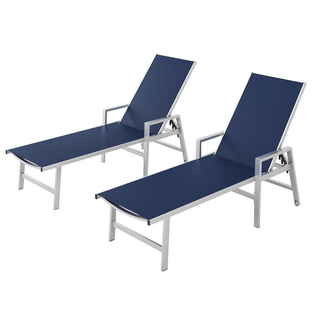Patio Chaise Lounge Chair Outdoor with Wheels&Armrests, Aluminum Pool Lounge Chairs Set of 2 Five-Position Adjustable Recliner, Outdoor Beach Lounge Chairs for Poolside, Patio, Deck, Yard, Navy Blue