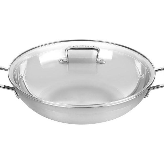 Le Creuset Stainless Steel Classic 3-Ply Wok with Glass Lid, 4.5qt