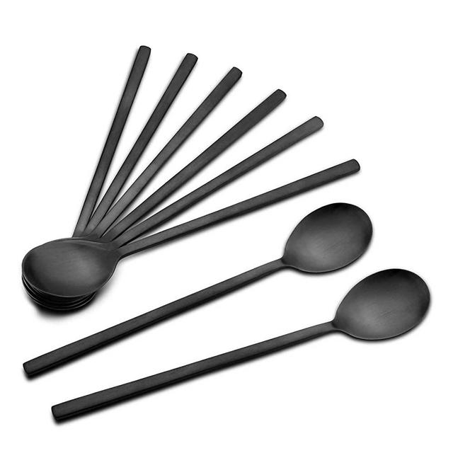 Spoons,8 pieces Stainless Steel Korean Spoons,8.5 Inch Soup Spoons,Long Handle Asian Soup Spoons,Rice Spoon,Dinner Spoons,Table Spoon for Home, Kitchen or Restaurant (Black)