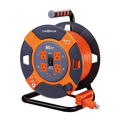 Link2Home Cord Reel 80 ft. Extension Cord 4 Power Outlets – 14 AWG SJTW Cable. Heavy Duty High Visibility Power Cord.