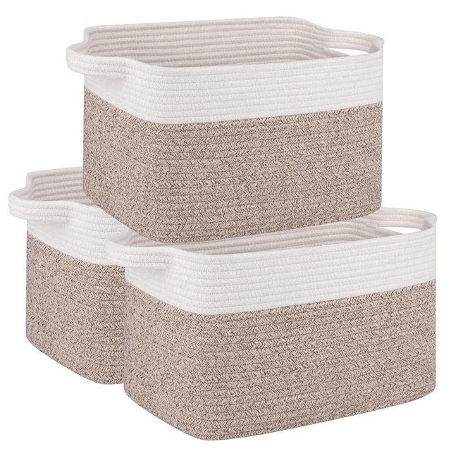 OIAHOMY 3 Pack Storage Basket for Organizing, 13''X9.85''X8.7'' Storage Bins,Woven Basket Basket with Handles, Toy Storage Basket Bin,Stylish Room Decor Basket, white & Brown variegated