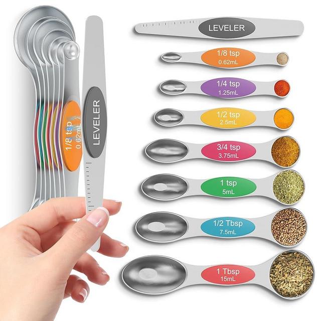 Howgoody Magnetic Measuring Spoons Set Of 8, Heavy Duty 304 Stainless Steel Metal, Fits in Most Kitchen Spice Jars for Baking & Cooking, BPA Free,Measuring Dry & Liquid Ingredients Rainbow)