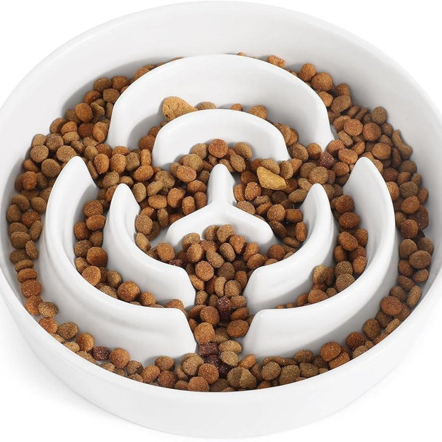 Ceramic Slow Feeder Dog Bowls,2.0 Cups Slow Feeder for Medium Large Breed,Puzzle Dog Food Bowl to Slow Down Eating, Anti-Gulping, Stop Bloat,Preventing Choking,Anti-Slip,8in,White