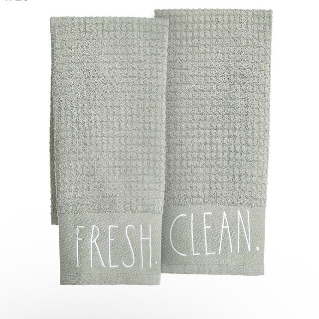 Rae Dunn Hand Towels, Embroidered Decorative Hand Towel for Kitchen and Bathroom, 100% Cotton, Sage- Fresh/Clean, 16"x 26"