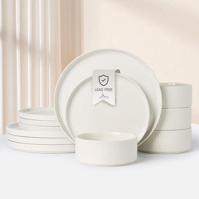 MONITO Ceramic Dinnerware Sets for 4, 12PCS Kitchen Plates and Bowls Sets, Chip and Scratch Resistant Double Reactive Glaze Dish Set, Microwave and Dishwasher Safe,White
