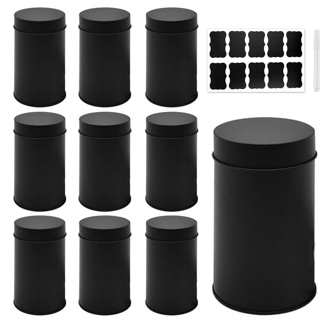 Voittozege 10 Packs Tea Tin Canister with Airtight Double Lids, 17 Fl oz Metal Tea Canisters, Round Tea Storage Organizer Can Box with 10 Stickers and 1 Erasable Chalk Marker (Black)