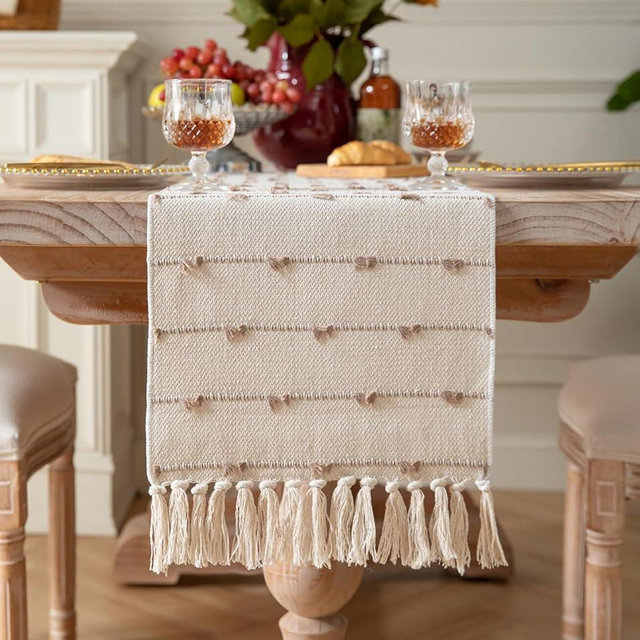 Caflife Boho Table Runner 108 Inchs Long for Modern Farmhouse Room Home Decor, Taupe and Beige Coffee Table Runner, Natural Cotton Woven with Tassels Neutral, for Kitchen Dining Table Decor