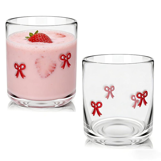Sel Natural 2 Pcs Icon Glass Cups Bow Icon Glasses 14oz Handblown Cocktail Glasses Aesthetic Drinking Glass Old Fashioned Iconic Glasses for Women Sister Friend Party (Red)
