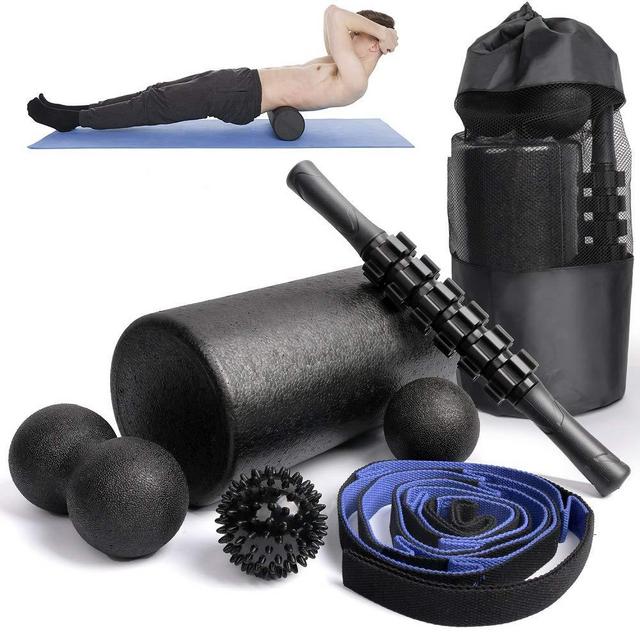 6 in1 Foam Roller Set -High Density Roller Foam,Muscle Roller Stick,2 Plantar Fasciitis Ball,Stretching Strap,Peanut Massage Ball for Physical Therapy & Exercise,Back Pain,Deep Tissue