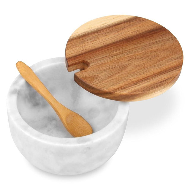 HESHIBI Marble Salt Cellar Box with Wood Lid & Spoon, Modern White Stone Salt or Pepper Sugar Spice Seasoning Bowl Container Jar Holder Well Keeper Dish Pig Crock for Kitchen