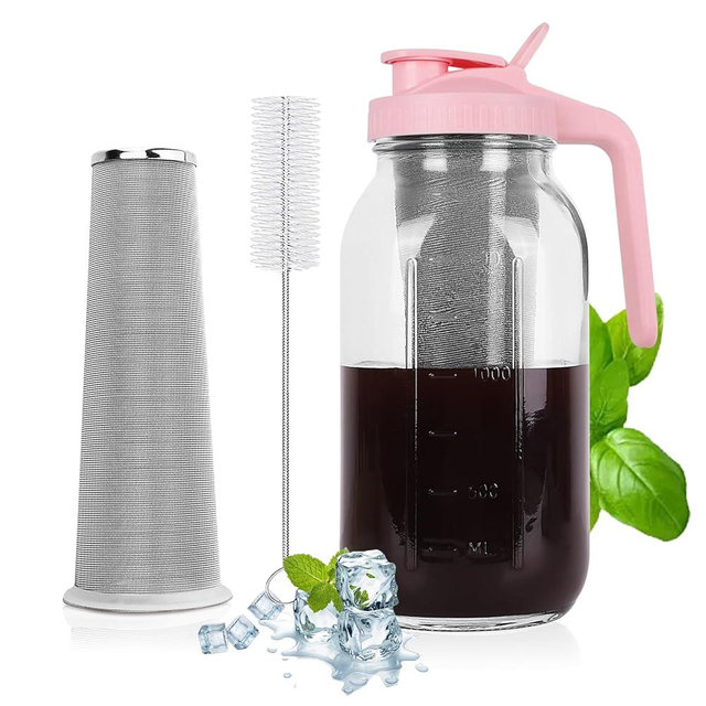 Cold Brew Coffee Maker - 64 Oz Heavy-Duty Glass Mason Jar Pitcher with Stainless Steel Filter, Leak-Proof Lid, Ergonomic Handle & Precision Pour Spout – Ideal for Iced Coffee, Tea, Cold Brew (Pink)