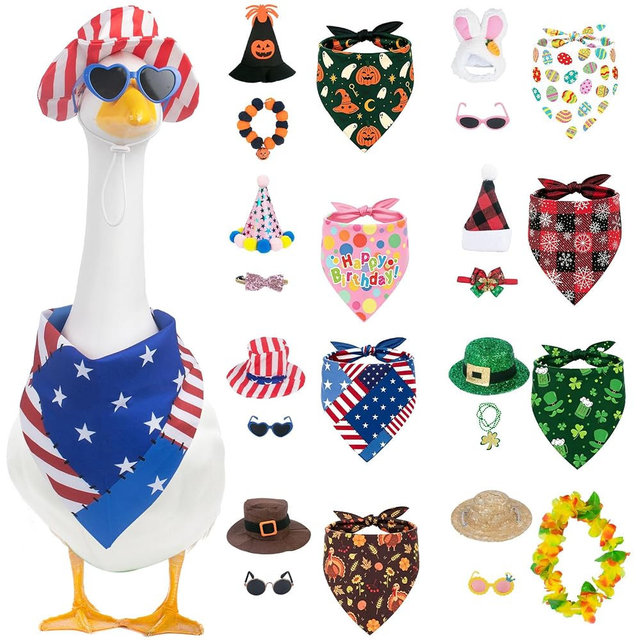 8 Set Holiday Porch Goose Outfits for 17/23" Plastic Lawn Goose - 4th of July Valentines St. Patricks Easter Summer Fall Halloween Christmas Clothes - Patio Yard Garden Decor with Hat Glasses and Bib