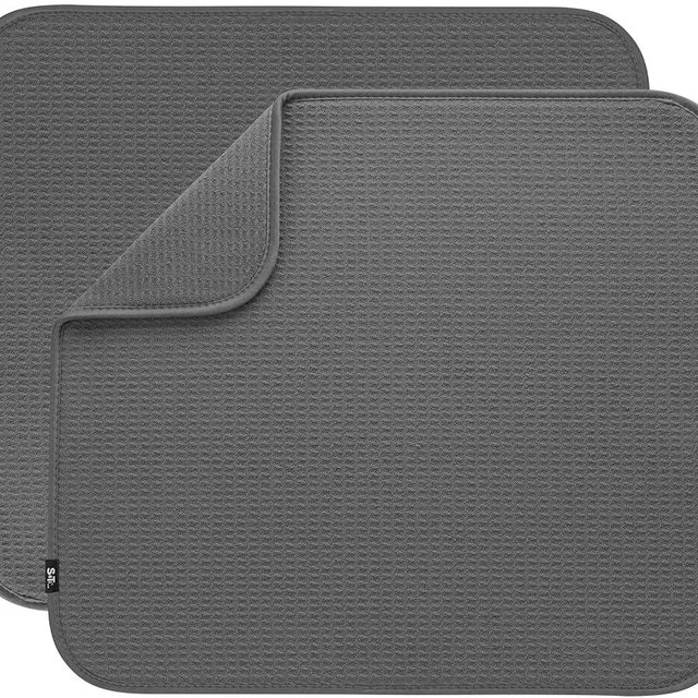 S&T INC. Dish Drying Mat 2 Pack, 16” x 18”, Absorbent Microfiber Kitchen Counter Mat, Dish Drying Pad for Dishes, Utensils, Pots and Pans, Large, Charcoal Grey