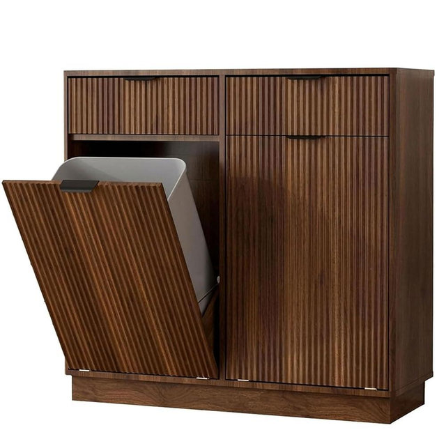 YMW Double Tilt Out Trash Can Cabinet, 20 Gallon Fluted Trash Can Cabinet with 2 Drawers, Freestanding Wooden Hidden Garbage Can Cabinets for Kitchen, Walnut Brown