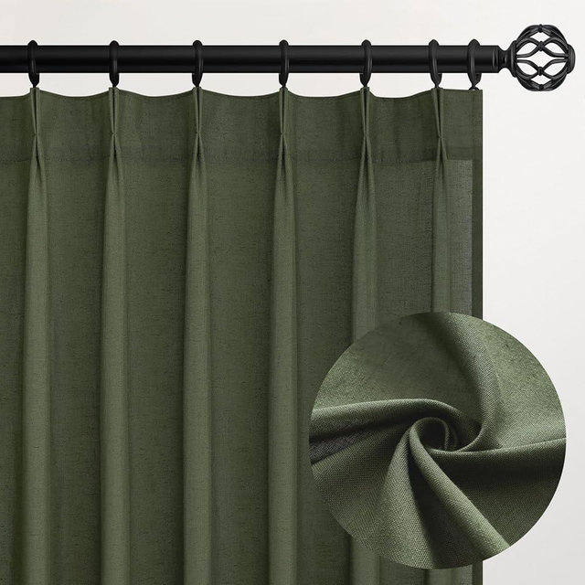 Topfinel Olive Green Pinch Pleated Semi Sheer Curtains Textured Linen Blended Light Filtering Window Curtains 94 inch for Living Room Bedroom Pinch Pleat Drapes with Hooks 2 Panels 40" Wx94 L