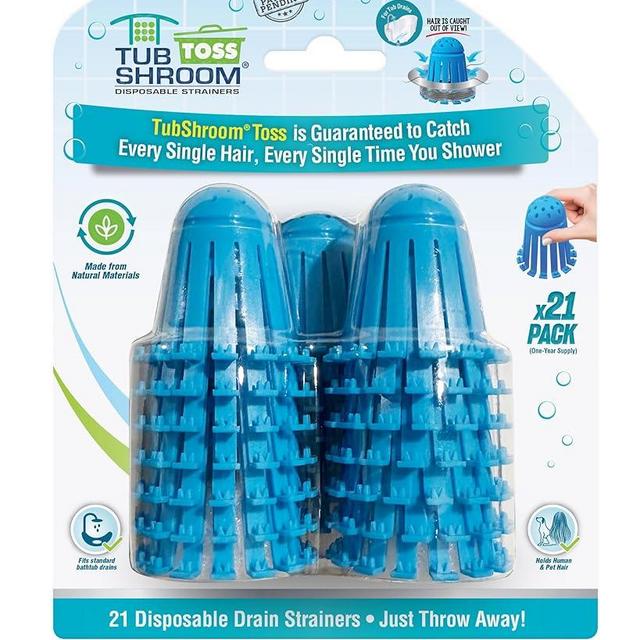 TubShroom Toss 21pk Disposable Bath Tub Drain Strainers - Hair Catcher Snare for Shower Bathtub to Prevent Clogged Drains, Traps Human and Pet Hair, One Year Supply (Blue)