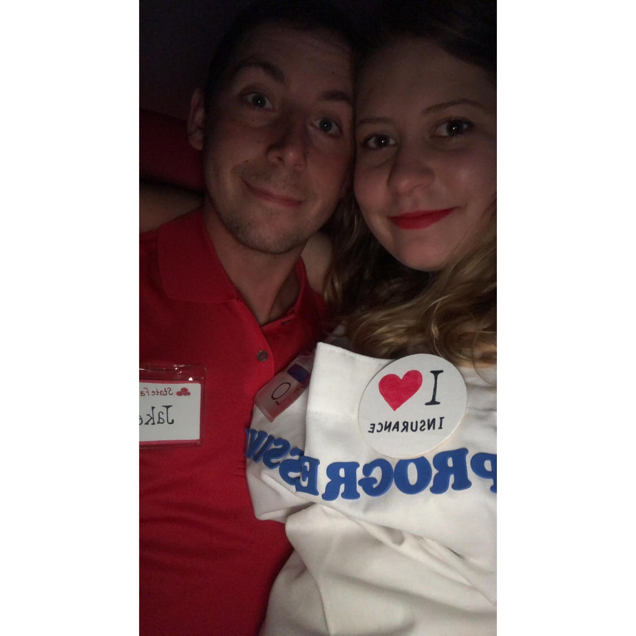 Our homemade Halloween costumes this year, Jake from State Farm and Flo from Progressive. -A