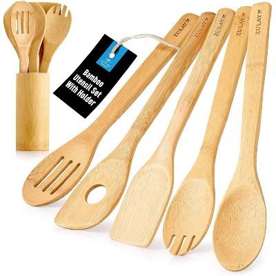 Zulay Kitchen 6-Piece Bamboo Cooking Utensils With Holder - Premium Wooden Cooking & Baking Utensils Heat Resistant & Non-Scratch Strong Lightweight