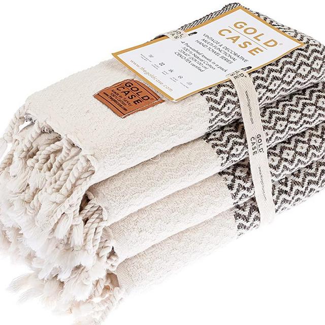 GOLD CASE Zeus Original Turkish Hand Towels Set of 4 - 20x40 100% Cotton Decorative Towel - Bathroom and Kitchen Peshtemal for Hand, Face, Hair, SPA, Yoga, Gym, Tea and Dishcloth, Beige