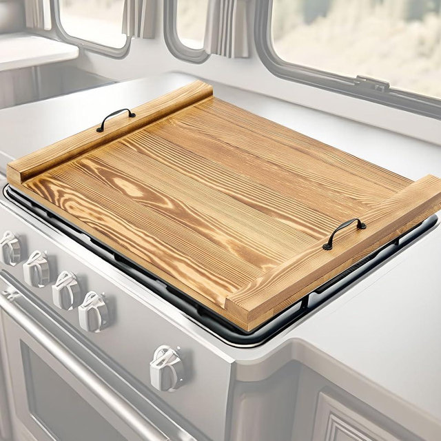 Maxdot Rv Stove Top Cover Board Wood Noodle Board Camper Stove Top Cover Countertop Cutting with 5 Pcs Adjustable Non-Slip Rubber Feet Legs Juice Groove for Trailer Gas Burner Electric Range Kitchen