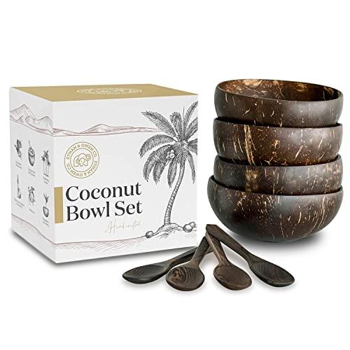 Coconut Bowls with Spoons Sets of 4 by Ethan & Owen Co, Premium 100% Natural Reclaimed Coconut Bowls, Coconut Bowls For Smoothies, Acai Bowls Wooden Smoothie Bowls and Spoons