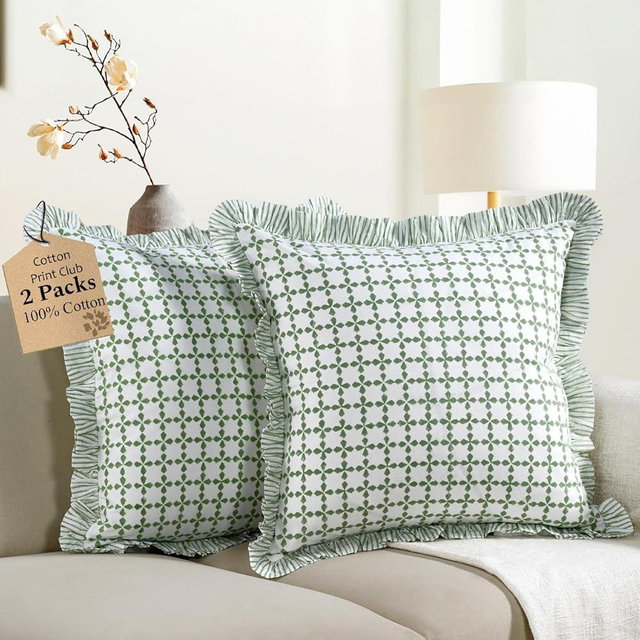 CPC Kelly Green Hand Block Print 100% Cotton Ruffle Throw Pillow Cover 20x20 inch with Hidden Zipper Decorative for Couch, Bed, Sofa, Farmhouse, Cottagecore Decor Gift Christmas Fall Thanksgiving