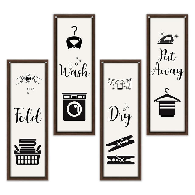 4 Pcs Laundry Room Decor, Put Away Fold Wash Dry Decor Wooden Sign, Funny Minimalist Laundry Wooden Hanging Sign, Rustic Wall Art For Laundry Bathroom Restroom Washroom Home Farmhouse A24