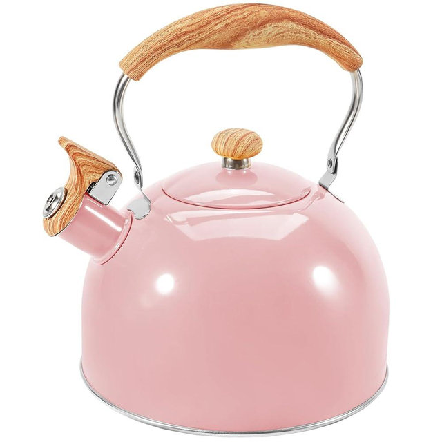 GGC Tea Kettle for Stove Top, 85OZ/2.6QT Whistling Tea Kettles for Boiling Water Milik or Coffee, Pink Stainless Steel Tea Pots with Wood Pattern Folding Handle, Thumb Design Control Kettle Outlet