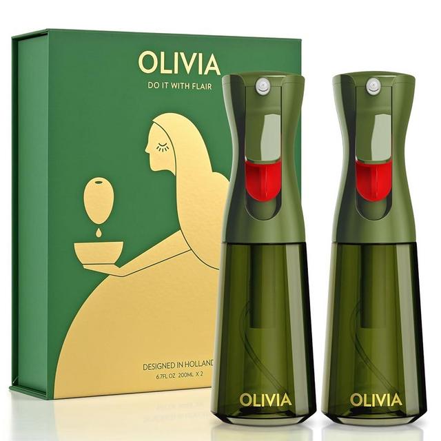 FLAIROSOL OLIVIA Oil Sprayer for Cooking, 2 Pack Green Glass Olive Oil Sprayer, 200ML Oil Dispenser for Kitchen, Continuous Oil Spray Bottle with Portion Control for Air Fryer, Salad, BBQ