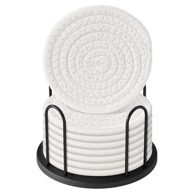 Coasters Set of 8 for Drinks, Beer, Coffee, Cotton Woven Absorbent Coaster with Holder, Boho Coasters for Home Decor Tabletop Protection Suitable for Kinds of Cups, White