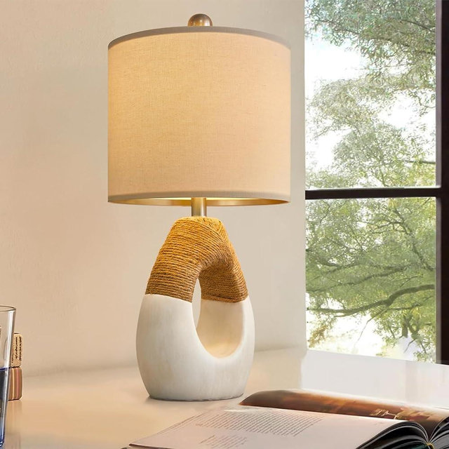OYEARS 19” Boho Table Lamps Bedroom Living Room Small Farmhouse Rattan Lamp Rustic Egg Design Resin Nightstand Bedside Lamps for Bedroom Living Room Office Study Rest Decor