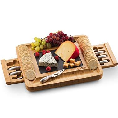 Mitbak Cheese Board Tray with 12 Cheese Utensils | Bamboo Charcuterie Board Serving Tray | Cutting Board Platter Great Gift For Christmas, Anniversary, Bridal Shower, Wedding | 16 x 13 x 2 Inches