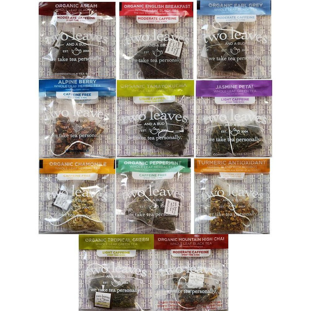 Two Leaves and a Bud Tea Sampler Whole Leaf 11 Flavors 2 of Each (22 Count)