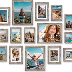 Vittanly 15 Pack Picture Frames Collage Wall Decor for Mounting or Tabletop Display, Gallery Frame Set for Family, Multi Sizes Including 3pcs 8x10, 6pcs 5x7, 6pcs 4x6, Dark Grey