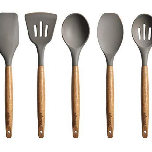 Miusco 5 Piece Silicone Cooking Utensil Set with Natural Acacia Hard Wood Handle