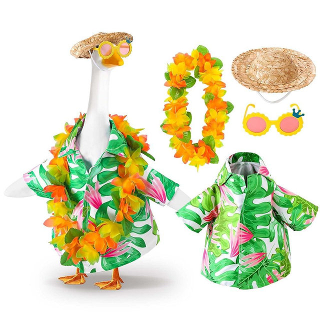 DECOHS 4 Pcs/Set Hawaiian Porch Goose Outfits, Summer Lawn Goose Costume, Yard Goose Clothes Hawaiian Wreath with Straw Hat Glasses for 23" Statue Patio Garden Decoration