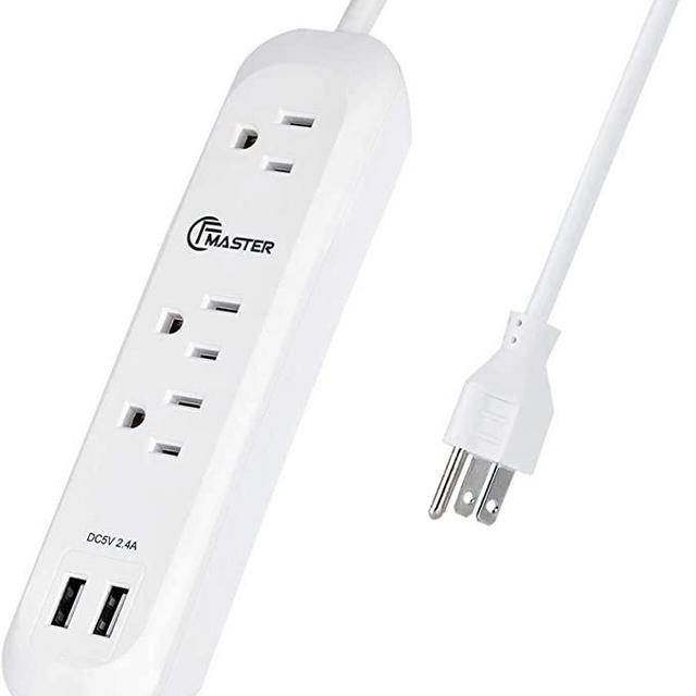 USB Power Strip Surge Protector Long Extension Cord 6 feet, 3 Outlets, 2 USB Ports (2.4A/12W), Overload Protection, Mountable Power Strip for Home Office, 1250W/10A, SGS Listed, White