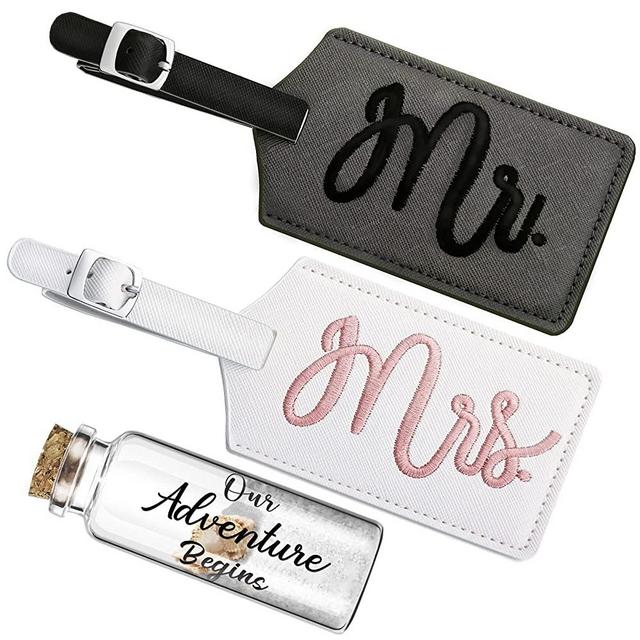 2 Pieces Mr and Mrs Luggage Tags Bridal Luggage Tags Wedding Luggage Tag with Honeymoon Sand Keepsake Jar Glass Bottle with Cork for Honeymoon Gifts Bridal Shower