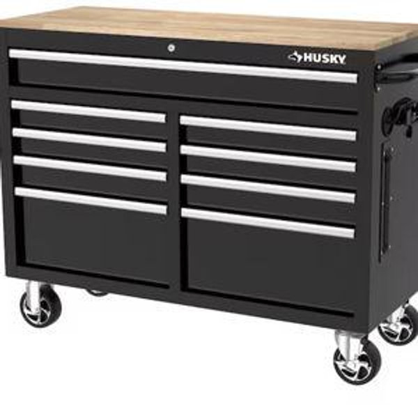 Tool Storage 46 in. W x 18 in. D 9-Drawer Mobile Workbench Cabinet in Gloss Black