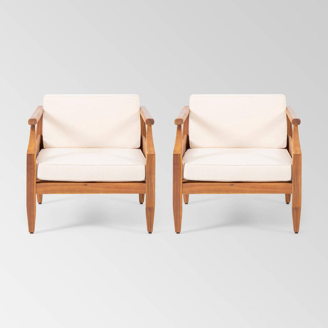 Aston 2pk Acacia Wood Mid-Century Modern Club Chairs - Teak/Cream - Christopher Knight Home