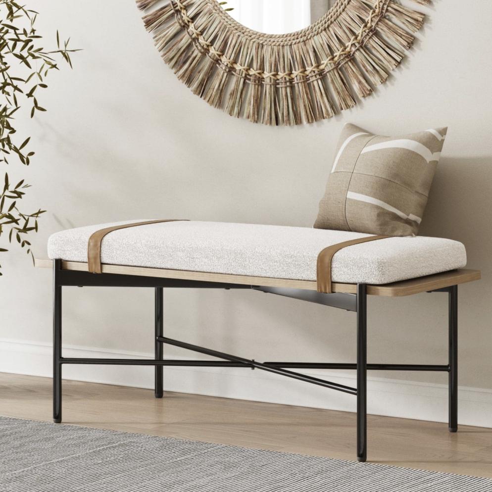 Boucle, Wood & Metal Removable Cushion Bench