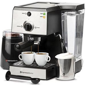 7 Pc All-In-One Espresso & Cappuccino Maker Machine Barista Bundle Set w/ Built-In Steam Wand (Inc: Coffee Bean Grinder, Portafilter, Frothing Cup, Spoon w/ Tamper & 2 Cups), Stainless Steel