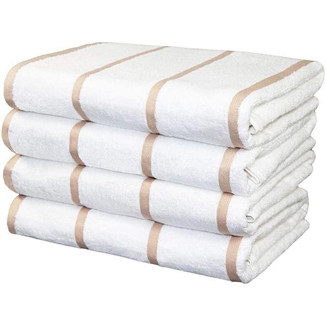 Arkwright White Beach Towels (30x60, 4-Pack), Soft 100% Cotton Pool Towels, Bath Towels with Horizontal Beige Stripes